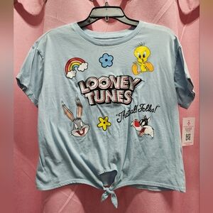 Looney Tunes Blue Embroidered Logo Crop Tshirt Sz M